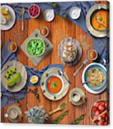 Welcome To My Hot Soup Pasta Bread And Fruit Lunch Table Acrylic Print