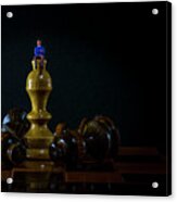 White Chess King Standing And Fallen Black Chess Pieces. Winner Of Business Competition Planning Concept And Marketing Strategy. Macro Acrylic Print