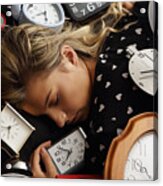 Woman Asleep Surrounded By Clocks Acrylic Print