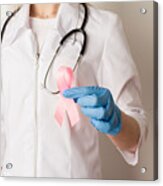 Woman Doctor Holding A Pink Ribbon In Her Hands Acrylic Print