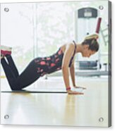 Woman Doing Push-ups On Knees At Gym Acrylic Print