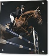 Woman Jumping With Horse Over The Hurdle Acrylic Print