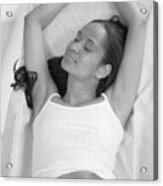 Woman Lying Down Stretching Arms Up, B&w. Acrylic Print