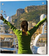Woman With Arms Outstretched Over Monte Carlo And The Port Acrylic Print
