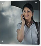 Woman With Umbrella Talking On Mobile Phone Acrylic Print