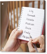 Woman Writing Possible Names For Baby Girl In Nursery Acrylic Print