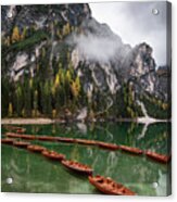 Wooden Boats On The Peaceful  Lake. Lago Di Braies, Italy Acrylic Print