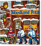 Woodland Pizza Famous Landmarks Verdun Montreal Street Hockey Painting Canadian Artist C Spandau Art Acrylic Print