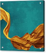 Yellow Silk Fabric Floating In Front Of Blue Background Wall. Fl Acrylic Print