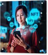Young Asian Woman Using Smartphone In Downtown City Street At Night, Working With Blockchain Technologies, Investing Or Trading Nft (non-fungible Token) On Cryptocurrency, Digital Asset, Art Work And Digital Ledger Acrylic Print