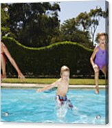 Young Children Jumping Into A Swimming Pool Acrylic Print