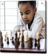 Young Girl (6yrs) Playing Chess With Acrylic Print
