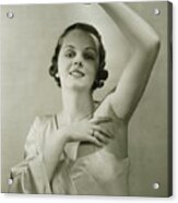 Young Woman Raising Hand, Posing In Studio, (b&w), Portrait Acrylic Print