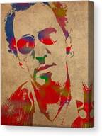 Bruce Springsteen Watercolor Portrait On Worn Distressed Canvas Canvas Print
