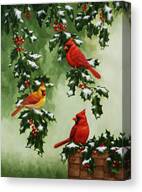 Cardinals Perched on Snowy Holly Canvas Print