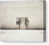 Two Zebras At Doorway Of Large White Canvas Print