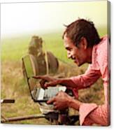 Farmer Using Laptop In The Field #1 Canvas Print