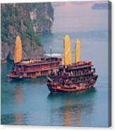 Junk Boat And Karst Islands In Halong #1 Canvas Print