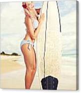 Sexy Sixties Pinup Surfer Girl At Vintage Beach Canvas Print