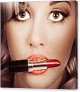 Surprised Pinup Girl With Lipstick Makeup In Mouth #1 Canvas Print