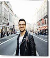 Young Happy Smiling Man In Glasses On The Streets Of London, Uk #1 Canvas Print