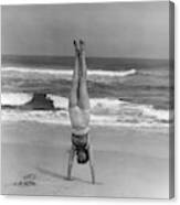 1930s Woman Doing Handstand On Beach Canvas Print