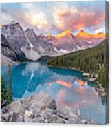 A Lake And Mountains At Sunrise. Canvas Print