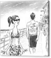 A Woman Passes A Man On The Boardwalk. Tattooed Canvas Print