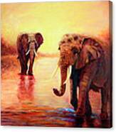 African Elephants At Sunset In The Serengeti Canvas Print