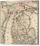 Antique Railroad Map Of Michigan By Colton And Co. - 1876 Canvas Print