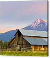 Barn And Mount Shasta At Sunset Canvas Print