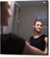 Beautiful Teenage Girl Taking A Selfie In Bathroom Canvas Print