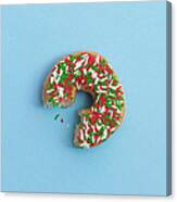 Bite Out Of A Sprinkle Donut, On A Blue Canvas Print