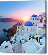 Blue Domed Churches At Sunset, Oia Canvas Print