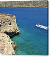 Blue Water And Boat - Spinalonga Island Crete Greece Canvas Print