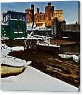 Boats In Snow At The Castle Canvas Print