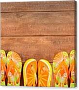 Brightly Colored Flip-flops On Wood Canvas Print