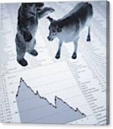 Bull And Bear Figurines On Descending Line Graph And List Of Share Prices Canvas Print