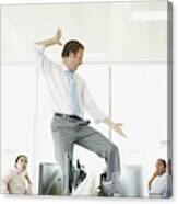 Businessman Dancing On Desk In Cubicle Canvas Print