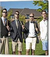 Caucasian Man Standing Together With Croquet Mallets Canvas Print