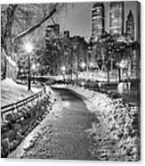 Central Park Path Night Black & White Canvas Print