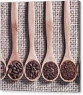 Coffee Beans And Grinds On Wooden Spoons Canvas Print