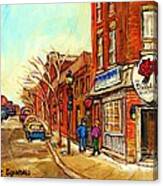 Cold Day In The Pointe Strolling By Taverne Urbaine Le Diable A Quatre Montreal Winterscene Canvas Print