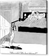 Dog Enters Room Where Poodle And Man Are In Bed Canvas Print