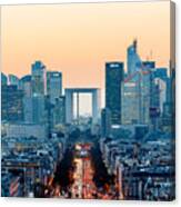 Elevated View Of Illuminated Skyscrapers At La Defense Financial District And Avenue Des Champs-elysees At Dusk, Paris, France Canvas Print