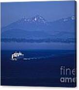 Ferry Boat In Puget Sound With Olympic Mountains Canvas Print