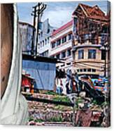 Filipina Woman And Her Earthquake Damage City Canvas Print