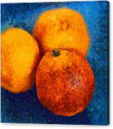 Food Still Life - Three Oranges On Blue - Digital Painting Canvas Print