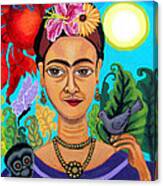 Frida Kahlo With Monkey And Bird Canvas Print