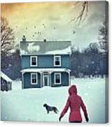 Girl And Her Dog Walking To Farm House Canvas Print